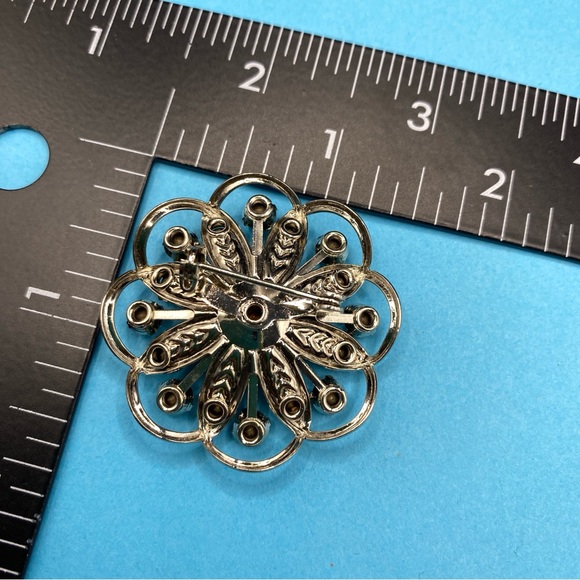 Vintage Rhinestone Brooch Round Riveted Stunning Sparkling MCM Pin Silver Tone - Picture 4 of 6